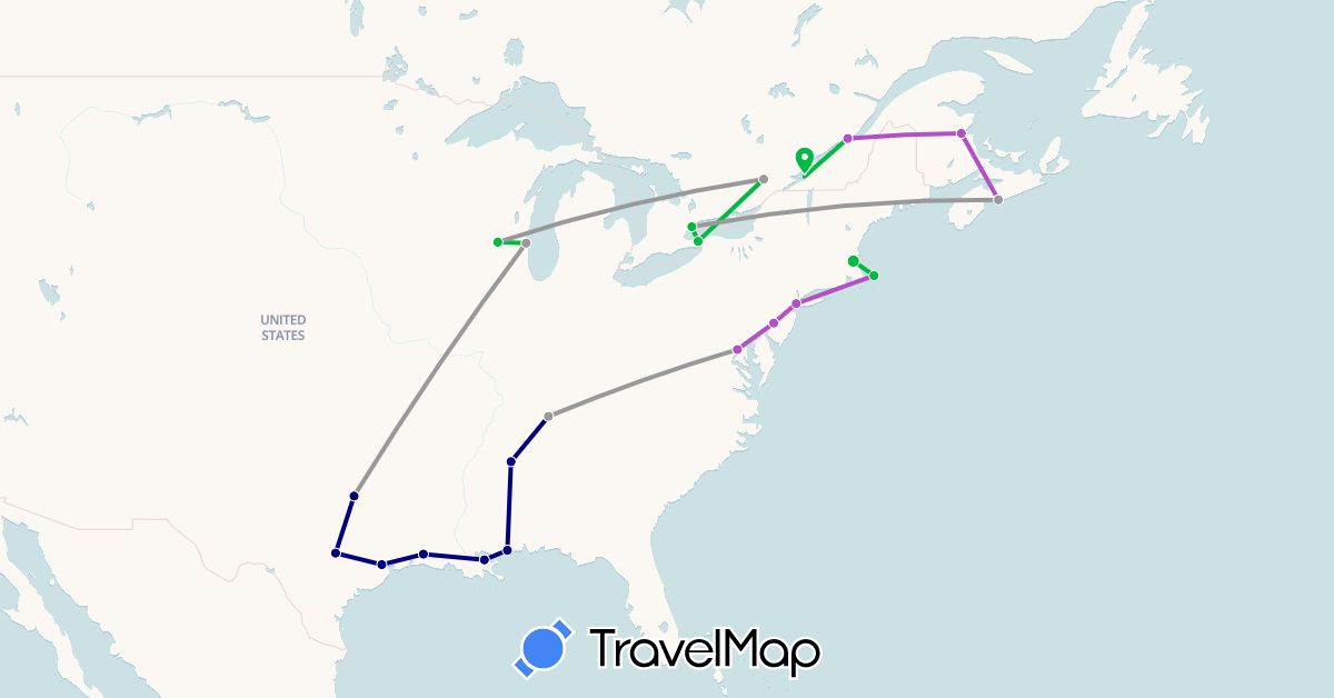 TravelMap itinerary: driving, bus, plane, train in Canada, United States (North America)